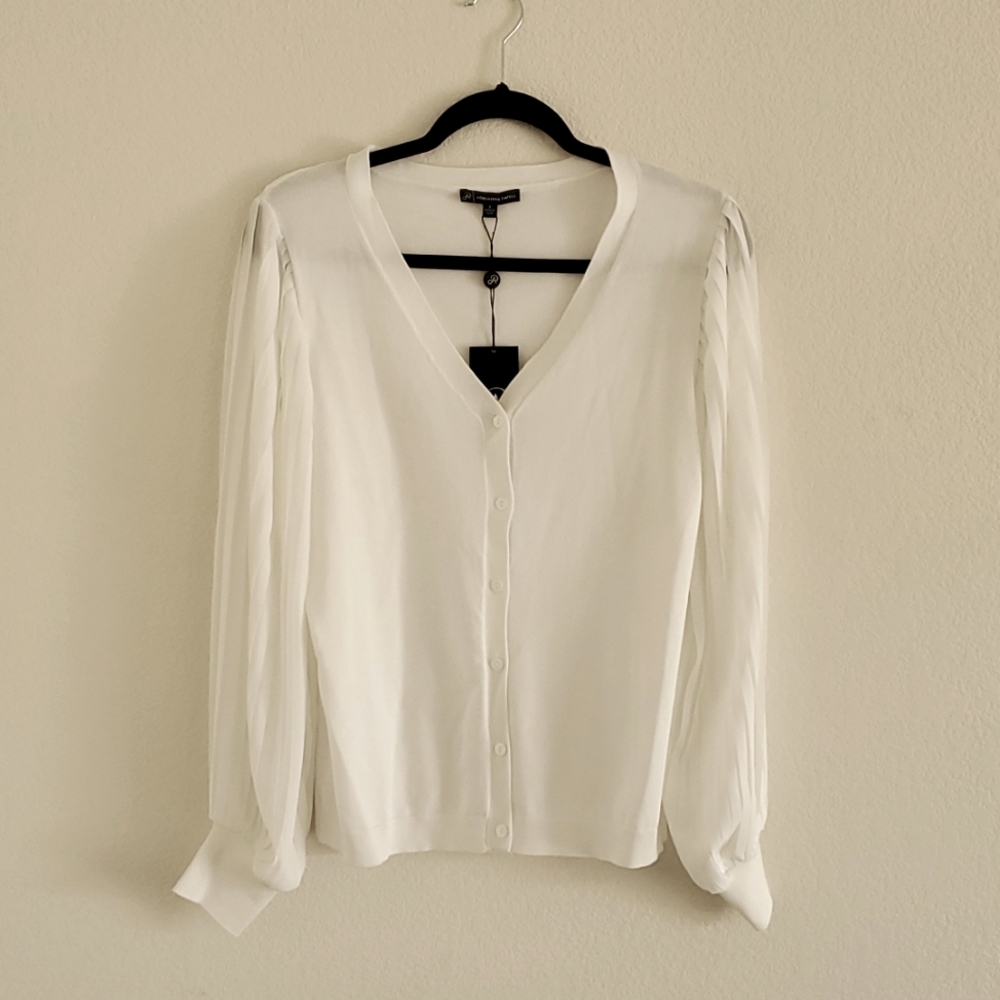 White Long Sleeve Button Up Cardigan with Sheer Pleated Flowy Sleeves Size S